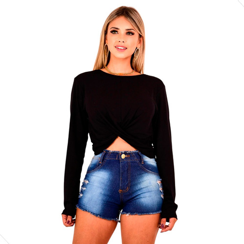 Cropped Manga Longa Blusa Feminina Inverno Blogueira