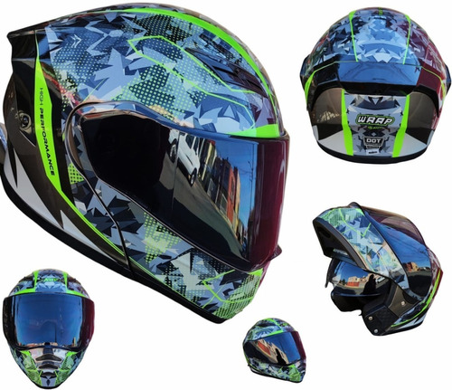 Casco Moto Kov Estelar Wrap Verde Negro Abatible Certificado