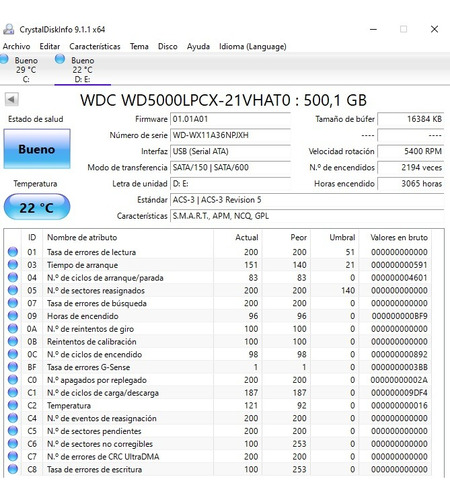 Disco Rigido Wd Blue Wd5000lpcx 500gb Con Su Crystaldiskinfo