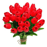 30 Tulipanes De Latex Artificiales Con Tallos - Rojo 