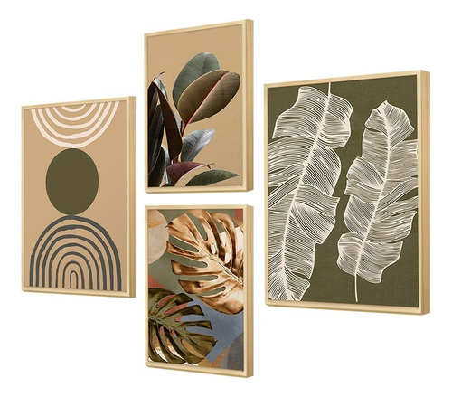 Kit 4 Quadros Decorativos Cozinha Plantas Formas Folhagem