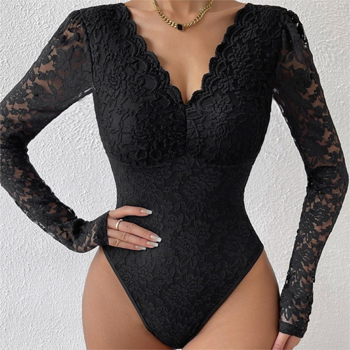 Pantiblusa Body Elegante Balada Fiesta Encaje Manga Larg [u]