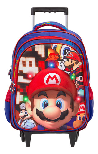 Mochila Infantil Masculina Super Mario 3d Led Rodinha Tam G