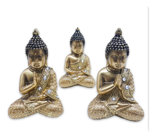 Trio Buda Tibetano Da Sabedoria Meditação Gold Com Strass