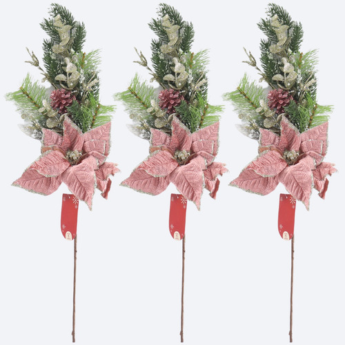Kit 3 Flores Rose Galho Enfeite De Natal Decoração C/ Pinha