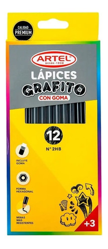 Estuche 12 Lápices Grafito Hb Con Goma Artel