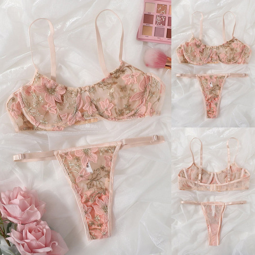 Bralette Sexy De Encaje Bordado De Flores En Tanga