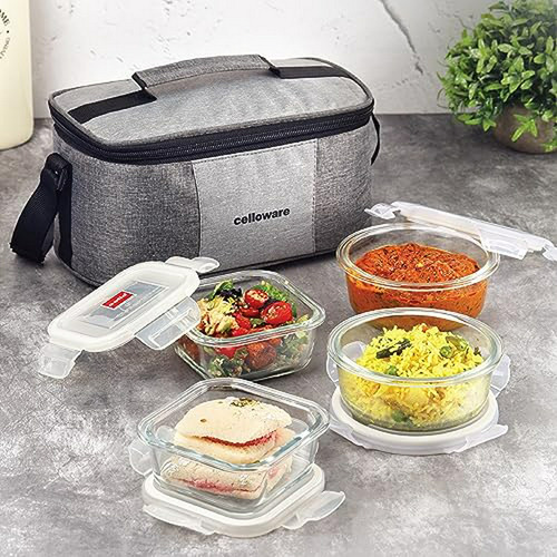 Cello Lunch Box Con 4 Recipientes De Cristal: 2 Redondos De 