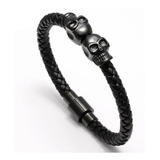 Pulsera Brazalete Negro De Cuero Para Hombre Calavera Cráneo