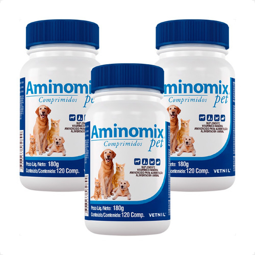 3 Aminomix Pet Vetnil Suplemento Para Animais - 120 Comp