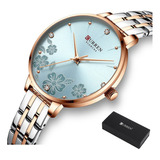 Reloj De Cuarzo Inoxidable Curren Diamond Fashion, Color De Fondo Plateado Y Azul Rosa
