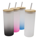 Pack 3 Vaso Vidrio Skinny Tapa Bambú Popote Sublimación 