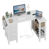 White L Shaped Computer Desk With Drawers & Storage Shelves,