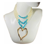 Gran Collar Corazón Bañado En Oro Perlas Y Turquesa Natural