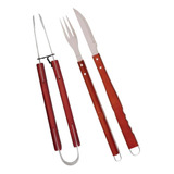 Kit Para Churrasco Faca Garfo Pegador Inox Cabo De Madeira