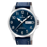 Reloj De Pulsera Festina Classics F20358 De Cuerpo Color Plata, Analógico, Para Hombre, Fondo Azul, Con Correa De Cuero Color Azul, Agujas Color Plata, Dial Plata, Minutero/segundero Blanco, Bisel Col