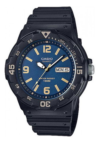 Reloj Pulsera Casio Youth Mrw-200 De Cuerpo Color Negro, Analógico, Para Hombre, Fondo Azul, Con Correa De Resina Color Negro, Agujas Color Blanco Y Negro, Dial Amarillo, Minutero/segundero Amarillo, 