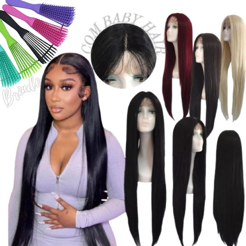 Peruca Front Lace Lisa Preta 70 Cm Repart Livre + Touca Wig