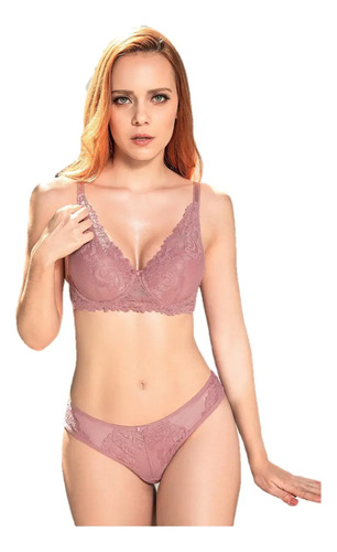 Sexy Coordinado Rosa Suave, Microfibra Y Encaje, Mia 52698