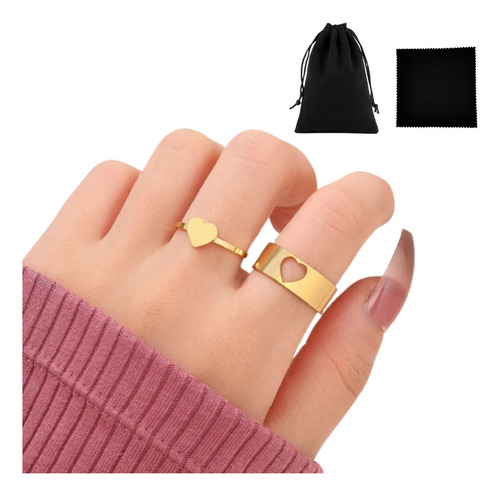 Set Anillo Conjunto Aleación Ajustable Corazón Oro Negro 2pz