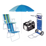 Kit Carrinho De Praia + Guarda Sol + 2 Cadeiras + Bolsa