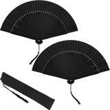 2 Ventilador De Mano Abanico Chino Plegable De Bambú Negro