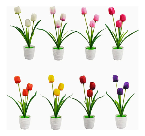 3 Tulipanes Artificiales Con Maceta, Colores Disponibles