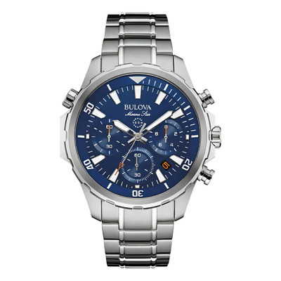 Reloj Bulova Hombre 96b256 Marine Star Cronografo 100 Mts Malla Plateado Bisel Plateado Fondo Azul Marino | Mismo precio en cuotas