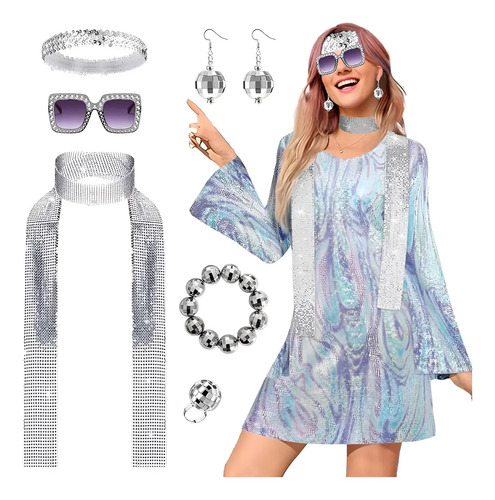 Vestido De Mujer Disfraz Vintage Falda Fiesta Epoca 7 Pzs Set De Accesorios Con Tocado De Lentejuelas Gafas De Sol Pendientes Bufanda | Meses sin interés