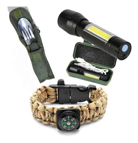 Kit Camping Supervivencia Cubiertos Pulsera Brujula Linterna