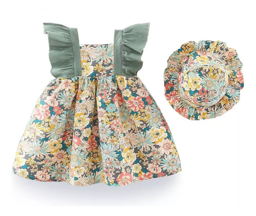 Vestido Para Bebé Niña, Verde Con Flores, Con Sombrero