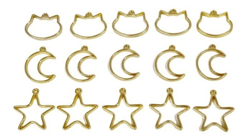 30 Molduras Douradas Para Pingentes - Estrela, Gato E Lua