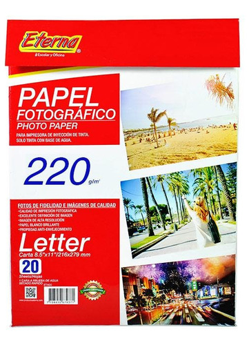 Papel Fotográfico Brillante Carta 220gr X20 Hojas