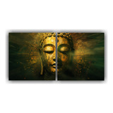 60x30cm Cuadro Abstracto Dorado Y Verde Con Cara De Buda