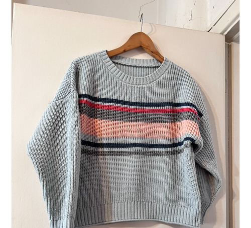 Sweater Celeste Rayado Escote Redondo Talle M 