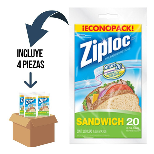 4 Pz - Ziploc Bolsas Para Sandwich Economax - 20 Bolsas/caja