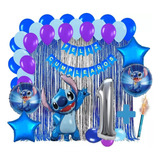 Kit Decoracion Lilo Y Stitch Azul Plateado Cortina Numero