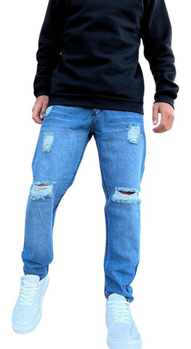 Pantalon Hombre De Jeans Mom Azul Con Roturas Overside