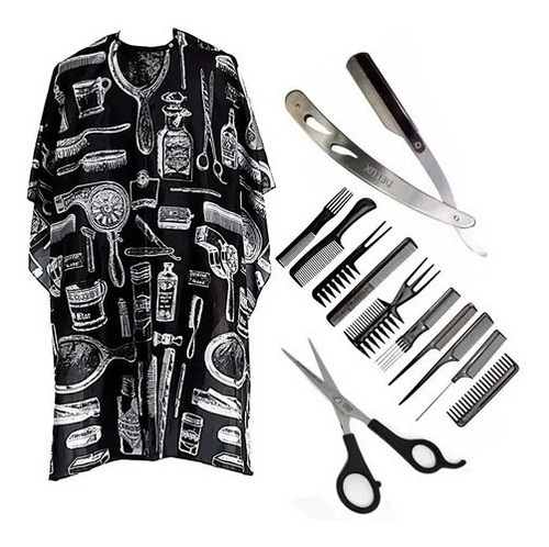 Kit Capa Barberia + Tijera + Barbera Metal + Peinillas Peluq