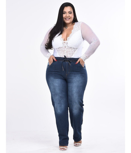 Calça Feminina Jeans Plus Size Com Elástico Na Cintura