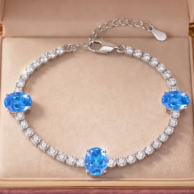 Pulsera Tennis Plata 925 Zirconia Azul Ajustable Regalo Full