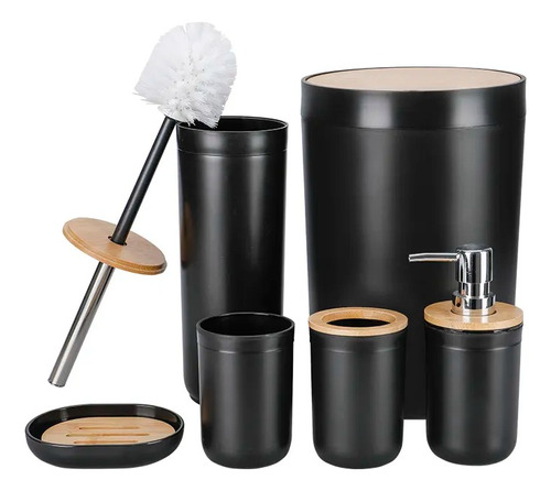 Set De Baño Bambú Plástico X6 Negro Tacho Escobilla Dispense