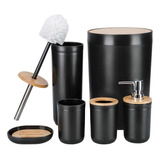 Set De Baño Bambú Plástico X6 Negro Tacho Escobilla Dispense