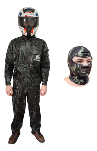 Kit Conjunto Capa De Chuva Camuflada Pvc + Touca Ninja- Moto