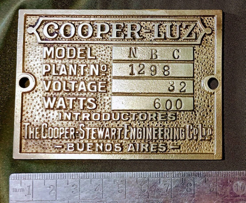 Placa Bronce Antigua Cooper Luz Motores Estacionarios Campo