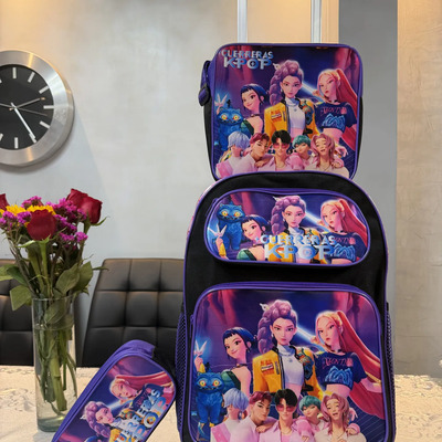 Mochila Escolar Primaria Carrito + Lonchera Lapicera 3pz Kit Negro Guerreras Kpop Huntrix