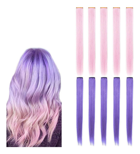 Extensiones Cabello Sinteticas 10 Cortinas Colores Fantasía Color 5 Rosa + 5 Púrpura Claro