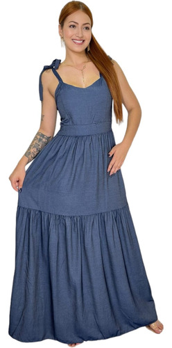 Vestido Longo  Jeans De Amarrar No Alça Decote V