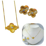 Conjunto Colar Brinco Virginia Trevo Semijoia Banho Ouro 18k