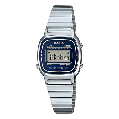Reloj Casio Dama Vintage Azul La670wa-2d Correa Plateado Bisel Negro Fondo Blanco Azul Marino